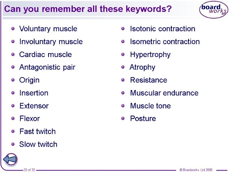 Can you remember all these keywords? Voluntary muscle Involuntary muscle Cardiac muscle Antagonistic pair